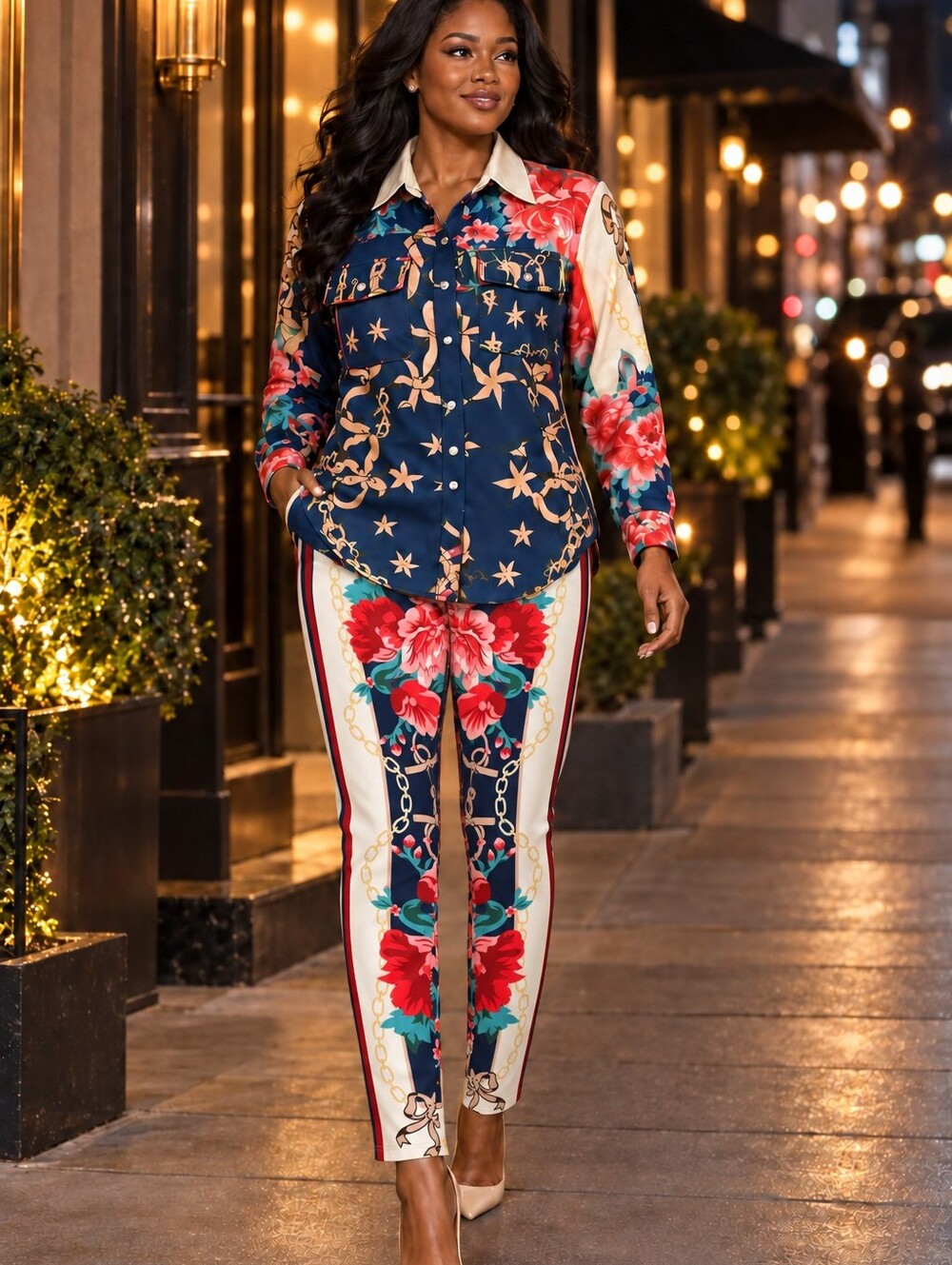 Floral Print Women’s Pants & Matching Top - Navy & Red